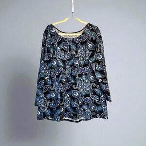 Woman Within 18/20 blue black white paisley Knit Top Shirt Blouse 3/4 Sleeve
